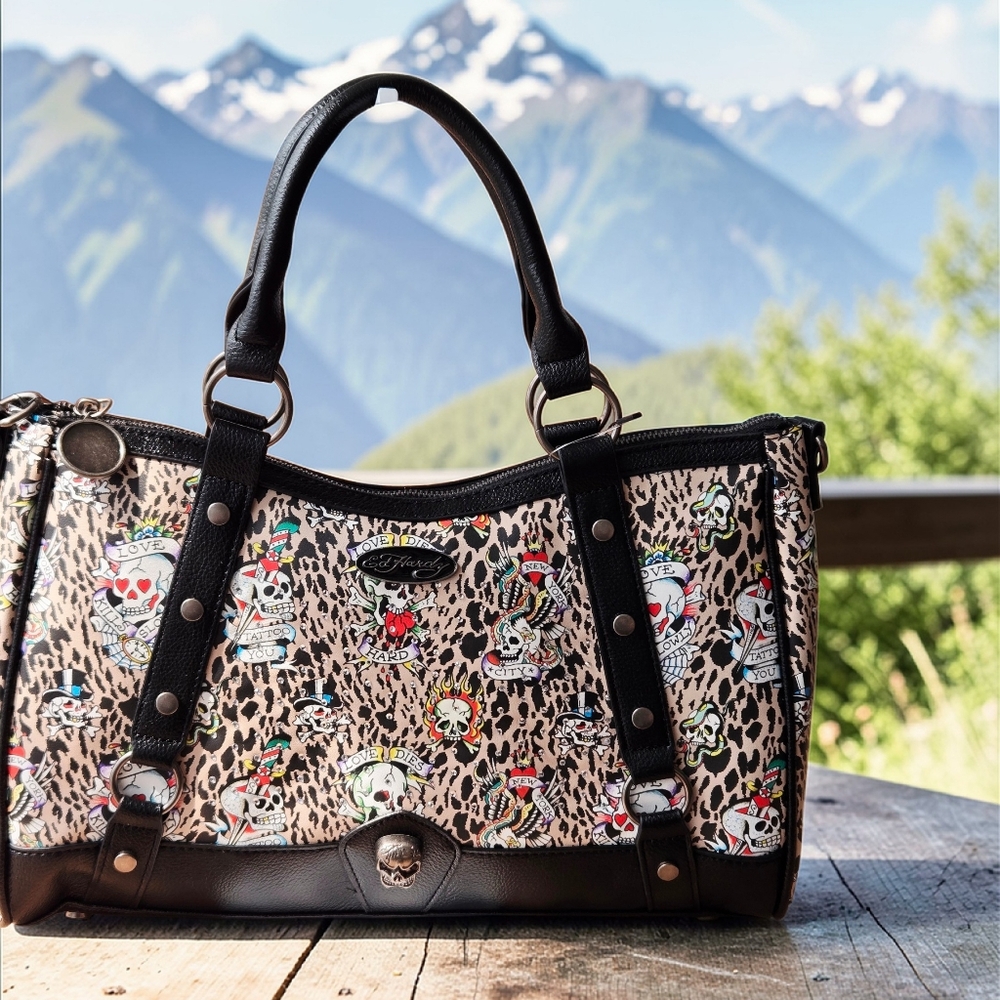 NEW Ed Hardy Satchel Handbag Leopard & Skull Logo Tattoo Print 14.5"x8.5x2.5 NWT